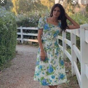 Damaris Bailey Blue Green White Aqua Drop Waist Dress Belt Included Size Medium